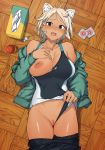  1girl animal_ear_fluff animal_ears aqua_jacket bare_shoulders black_eyes black_pants blonde_hair blush breasts cat_ears collarbone commentary_request competition_swimsuit condom_wrapper dark_skin drooling from_above groin hand_on_own_chest highres inverted_nipples jacket kr_ohoshisama large_breasts long_sleeves looking_at_viewer lying nose_blush off_shoulder on_back on_floor one-piece_swimsuit one_breast_out open_clothes open_jacket open_mouth original pants pants_pull pussy saliva short_hair solo sweat swimsuit swimsuit_aside tissue_box track_jacket two-tone_swimsuit uncensored whistle whistle_around_neck wooden_floor 