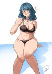  1girl absurdres bare_arms bare_legs bare_shoulders black_bra black_panties blue_eyes blue_hair bra breasts byleth_(female)_(fire_emblem) byleth_(fire_emblem) cleavage commentary deliciousbrain feet_out_of_frame fire_emblem fire_emblem:_three_houses highres large_breasts long_hair looking_at_viewer navel panties pink_lips sitting solo stomach thighs underwear white_background 