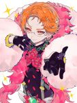  1boy ao_(ao0_0nemu) bad_id bad_twitter_id black_gloves closed_mouth commentary_request feather_boa flower glasses gloves hands_up highres idol_clothes jewelry juuouin_kakeru king_of_prism looking_at_viewer male_focus offering_hand orange_eyes orange_hair outstretched_arm pink_flower pink_rose pretty_rhythm pretty_series reaching reaching_towards_viewer ring rose short_hair smile solo sparkle suspenders upper_body white_background 