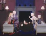  black_dress black_shorts blonde_hair blush breasts cake candelabra candle cleavage closed_eyes closed_mouth coat couch cumcmn cup dante_(devil_may_cry) devil_may_cry dress drinking eating eva_(devil_may_cry) family fire food fork hair_slicked_back holding holding_cup holding_fork holding_plate indoors lamp long_hair monocle plate purple_coat reflection shorts sitting smile sparda table tea_set teacup vergil white_hair 