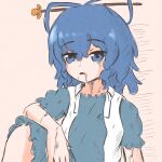 1girl blue_dress blue_eyes blue_hair chisel dirty dirty_clothes dirty_face dress expressionless hair_ornament hair_rings hair_stick highres kaku_seiga kokowoch open_clothes open_mouth open_vest short_hair short_sleeves simple_background sitting solo tears touhou upper_body vest white_vest 