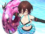  1girl ^_^ android aqua_bikini aqua_swimsuit bangs bare_shoulders bikini bikini_skirt black-framed_eyewear breasts brown_hair camouflage camouflage_bikini cleavage closed_eyes collarbone eyebrows_visible_through_hair eyelashes glasses grin hair_between_eyes halter_top halterneck hololive large_breasts long_bangs mechanical_arms mikan_(chipstar182) neck ocean outstretched_arms outstretched_hand raised_eyebrows roboco-san short_hair smile solo summer swimsuit t-pose teeth virtual_youtuber wading water 