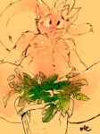 absurd_res anthro arm_tuft blush chest_tuft domestic_cat felid feline felis front_view fur hi_res male mammal navel nude orange_body orange_fur oselotti oselotti_(character) partially_colored plant plant_pot potted_plant shoulder_tuft signature solo spread_legs spreading tail tuft