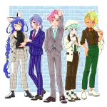  5boys adjusting_clothes adjusting_hair adjusting_necktie amamiya_erena animal_ears antennae aqua_hair belt blonde_hair blue_eyes blue_hair bow bowtie braid braided_ponytail brick_wall business_suit cat_ears dark_skin earrings formal furry genderswap genderswap_(ftm) hagoromo_lala hair_between_eyes hat hoshina_hikaru jewelry kaguya_madoka lips loafers long_hair looking_at_viewer male_focus monster_rally multiple_boys necktie orange_eyes pink_eyes pink_hair pinstripe_pattern pinstripe_suit pointy_ears ponytail precure purple_eyes purple_hair shirt shoes socks star-shaped_pupils star_(symbol) star_in_eye star_twinkle_precure striped suit suspenders sweater symbol-shaped_pupils symbol_in_eye turtleneck turtleneck_sweater very_long_hair watch wristwatch yuni_(precure) 