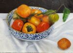  bowl branch food fruit highres mizukiteiko8 no_humans original painting_(medium) persimmon realistic still_life traditional_media watercolor_(medium) 