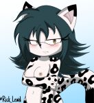 anthro areola arm_under_breasts black_ear_tips black_nose black_spots black_tail_tip blush breasts brown_areola brown_nipples digital_drawing_(artwork) digital_media_(artwork) dipstick_tail felid female front_view fur gradient_background hair hi_res leopard_spots looking_away lucatiel_(rick_lewd) mammal markings medium_breasts navel nipples nude pantherine pink_blush rick_lewd shy simple_background snow_leopard solo spots spotted_body spotted_fur spotted_markings spotted_tail standing tail tail_markings teal_hair white_body white_fur yellow_eyes