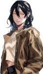  1girl absurdres black_hair brown_jacket commentary_request hand_in_pocket highres ito_shiori jacket long_hair looking_at_viewer midriff navel original parted_lips shirt shisa_co simple_background solo upper_body white_background white_shirt yellow_eyes 
