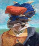 2024 anthro beak black_clothing black_coat black_topwear blue_markings brown_body bust_portrait button_(fastener) ceratopsian clothed clothing cloud coat costume digital_media_(artwork) digital_painting_(artwork) dinosaur dyna_soar embroidery frill_(anatomy) hat head_crest head_frill headgear headwear hi_res high_collar horn impressionist_background male markings ornithischian outside phrygian_cap portrait post-impressionism red_clothing red_hat red_headwear reptile saurian_(disambiguation) scalie signature sky solo standing three-quarter_view topwear triceratops vest white_dress_shirt yellow_clothing