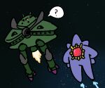  2others ? big_zam commentary creature crossover gem gundam jazz_jack long_legs mecha mega_pokemon mega_starmie mobile_armor mobile_suit_gundam multiple_others no_humans pokemon pokemon_(creature) pokemon_legends:_z-a red_gemstone robot space starmie thrusters 