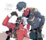  2boys belt bench billy_kid black_shirt closed_mouth clothed_robot commentary_request cyborg from_side green_hair green_pants hair_over_one_eye hally hand_in_pocket hand_on_bench holding holding_removed_eyewear humanoid_robot jacket leaning_forward leather leather_jacket lighter_(zenless_zone_zero) mechanical_arms mechanical_legs metal_skin multiple_boys no_mouth on_bench pants pouch red_jacket red_scarf robot robot_boy scarf sheriff_badge shirt short_hair shoulder_spikes speech_bubble spiked_jacket spikes studded_belt studded_gloves sunglasses thigh_pouch torn_clothes torn_scarf torn_shirt unworn_eyewear unzipped white_hair yellow_eyes zenless_zone_zero 