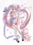  1girl absurdres alice_(nikke) alternate_costume apron black_shoes blush breasts cleavage cleavage_cutout clothing_cutout dress enmaided flower frilled_apron frills gift goddess_of_victory:_nikke hair_ribbon heart heart_cutout highres holding holding_letter holding_paper letter long_hair looking_at_viewer love_letter maid maid_apron maid_headdress mary_janes medium_breasts name_tag open_mouth paper pink_eyes pink_flower pink_hair pink_rose puffy_sleeves ribbon rose shoes short_sleeves smile solo thighhighs twintails uyuri_(89976220) v waist_apron white_apron white_thighhighs 