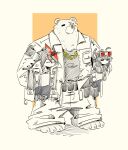  1girl 2boys absurdres animal_ears anton_ivanov bear_boy bear_ears ben_bigger black_shirt carrying carrying_person closed_eyes english_commentary furry furry_male goggles goggles_on_head grace_howard hatching_(texture) highres jacket linear_hatching looking_to_the_side multicolored_hair multiple_boys pants platlk scar scar_across_eye scar_on_face shirt streaked_hair sweat very_sweaty white_jacket white_pants zenless_zone_zero 