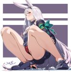  1girl absurdres animal_ears armband artist_name ass azur_lane bikini bikini_over_clothes breast_curtain breasts covered_nipples dated full_body hairband highres hikimayu jacket loafers long_hair looking_at_viewer open_clothes open_jacket panties rabbit_ears rabbit_girl red_bikini red_panties shimakaze_(azur_lane) shoes sideways_glance small_breasts solo squatting swimsuit swimsuit_over_clothes umyonge_(lkakeu) underwear very_long_hair white_hair yellow_eyes 
