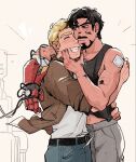  2boys arc_reactor armor avengers_(series) bandaged_arm bandages bandaid bandaid_on_hand bare_shoulders belt black_belt black_hair black_tank_top blonde_hair blue_pants brown_jacket cable closed_eyes closed_mouth collarbone denim dirty dirty_face facial_hair fingernails floating_clothes gauntlets grey_eyes grey_pants hair_between_eyes half-closed_eyes hand_on_another's_face hand_up happy hug jacket looking_at_another male_focus marvel multiple_boys muscular muscular_male open_clothes open_jacket pants pocket red_armor shirt short_hair simple_background single_gauntlet smile steve_rogers tank_top teeth tony_stark weibo_7899261198 white_background white_shirt yaoi 