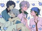 2boys 4k10r1 arms_around_neck arrow_through_heart backwards_hat baseball_cap black_hair blue_eyes blue_hat blush brown_eyes carrying carrying_person character_request check_character closed_eyes collarbone commentary_request cross cross_necklace curtained_hair grey_hair grid_background hat heart highres jacket jewelry looking_at_another looking_at_viewer male_focus multiple_boys multiple_views necklace necktie one_eye_closed ootori_choutarou open_mouth pulling_another&#039;s_necklace red_necktie shirt shishido_ryou short_hair short_sleeves smile tennis_no_ouji-sama white_background white_shirt wing_collar yaoi 