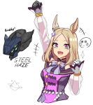  1girl animal_ears asymmetrical_gloves bare_shoulders blonde_hair bow bowtie breasts crown dress ear_covers ear_ornament ear_through_crown gloves grey_bow grey_bowtie horse_ears horse_girl long_hair long_sleeves looking_at_viewer mini_crown mismatched_gloves mouhantain narita_top_road_(the_proud_road)_(umamusume) narita_top_road_(umamusume) necktie open_mouth purple_dress purple_eyes racing racing_colors short_hair single_ear_cover smile solo umamusume umamusume:_road_to_the_top white_necktie 