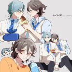  2boys bento bread bread_slice brown_hair eating feeding food green_hair grey_background hair_between_eyes half_updo hibiki_kaito highres holding holding_bento holding_hands holding_phone jogi_(precure) kimi_to_idol_precure leaning_on_person leaning_to_the_side long_sleeves multiple_boys neck necktie nonoko_(nopippichan) open_mouth pants parted_bangs phone precure school school_uniform short_hair sideways_face sitting smile sweat sweatdrop upper_body vest watching wrapped_bento 