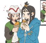 2girls baguette belt black_hair blue_hoodie blush bread breasts brown_eyes brown_hair closed_mouth cube_hair_ornament earclip eating food green_jacket grey_eyes hair_ornament harmony_(pokemon) hat holding holding_food hood hood_down hoodie jacket lida_(pokemon) long_hair long_sleeves looking_at_viewer minamip multiple_girls open_clothes open_jacket open_mouth pokemon pokemon_legends:_z-a shirt short_hair striped_hat topknot upper_body white_hat white_shirt 