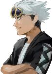  1boy asymmetrical_eyewear black_eyes black_hair crossed_arms eyewear_on_head guzma_(pokemon) highres jacket male_focus multicolored_hair pokemon pokemon_sm shirt short_sleeves simple_background sketch smile solo sunglasses two-tone_hair upper_body white_background white_hair yu_(mekeneko1998) 