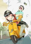  1boy 1girl absurdres boots can drink_can dust_cloud flcl gloves goggles goggles_on_headwear haruhara_haruko helmet highres knee_boots leather leather_gloves motor_vehicle nandaba_naota open_mouth pink_hair riding_scooter road scooter teeth tongue user_hegd7837 vespa yellow_eyes 
