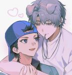  2boys 4k10r1 animal_ears arm_around_neck backwards_hat baseball_cap black_hair blue_eyes blue_hat blue_shirt blush brown_eyes character_request check_character closed_mouth commentary_request cross cross_in_mouth cross_necklace curtained_hair dog_boy dog_ears dotted_background grey_hair hand_on_another&#039;s_arm hat heart highres jewelry kemonomimi_mode looking_at_another male_focus multiple_boys necklace ootori_choutarou open_mouth portrait shirt shishido_ryou short_hair short_sleeves smile tennis_no_ouji-sama white_background white_shirt wing_collar yaoi 