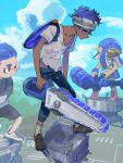  1girl 2boys ankle_boots black_eyes black_pants black_shorts blue_hair blunt_bangs boots brown_shoes cloud collarbone crossover dark-skinned_male dark_skin earrings full_body ganji_gupta headband heavy_splatling_(splatoon) height_difference holding holding_weapon hunched_over identity_v ink_tank_(splatoon) inkling jewelry looking_ahead looking_at_another male_focus mask michiru_(amphibian) mouth_mask multiple_boys pants pink_boots pointy_ears red_eyes shirt shoes shorts sky socks solid_circle_pupils splatana_stamper_(splatoon) splatoon_(series) splatoon_3 tentacle_hair torn_clothes weapon white_shirt yellow_socks 