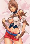  artist_request ashelia_b'nargin_dalmasca belt blouse breasts brown_eyes brown_hair detached_sleeves final_fantasy final_fantasy_xii medium_breasts microskirt navel nipple_slip nipples panties shirt_lift short_hair skirt solo standing underwear white_panties zoom_layer 