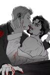  2boys avengers_(series) bare_shoulders blood blood_on_clothes blood_on_face blood_on_hands closed_eyes clothes_down facial_hair fingernails greyscale hand_on_another's_face hand_up highres jacket lanita_1212 lapels licking long_sleeves looking_at_viewer male_focus marvel monochrome multiple_boys nosebleed octopus_print open_mouth short_hair skirt steve_rogers table teeth tongue tongue_out tony_stark upper_body yaoi 