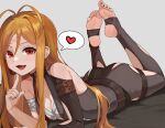  absurdres fang fantasy_suhakdaejeon feet highres jager kei_(blue_archive) lying on_stomach simple_background soles stirrup_legwear the_pose toeless_legwear toes 