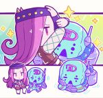  1boy 1other blue_skin brown_skirt chibi chibi_only colored_skin commentary diver_down_(stand) fishnet_top fishnets hat highres horned_hat jojo_no_kimyou_na_bouken jojo_pose kasasagi_(hinagi) long_hair male_focus narciso_anasui narciso_anasui's_pose pink_eyes pink_hair purple_hat skirt sparkle stand_(jojo) stone_ocean symbol-only_commentary thighhighs white_thighhighs 