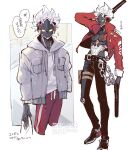  1boy bag belt billy_kid black_pants black_shoes chain clothed_robot commentary_request cyborg dual_wielding grey_jacket gun hally highres holding holding_bag holding_gun holding_weapon humanoid_robot jacket looking_at_viewer male_focus mechanical_arms mechanical_legs metal_skin no_mouth notice_lines outdoors pants plastic_bag pouch red_jacket red_pants robot robot_boy sheriff_badge shirt shoes shopping_bag solo speech_bubble studded_belt thigh_pouch weapon white_background white_hair white_shirt yellow_eyes zenless_zone_zero 