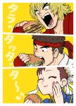 1girl 2boys absurdres biting blonde_hair blue_eyes blush border brown_hair bun_cover burger chewing china_dress chinese_clothes chun-li closed_eyes dougi dress eating fingernails food forked_eyebrows hair_bun headband highres holding holding_burger holding_food kangyaku ken_masters mandarin_collar mcdonald&#039;s medium_sideburns multiple_boys nail_polish one_eye_closed open_mouth red_headband ryu_(street_fighter) street_fighter teeth tongue translated white_border yellow_background 
