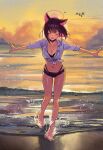  1girl absurdres alternate_costume animal_ears beach bikini bikini_under_clothes black_bikini black_choker black_hair blue_archive cat_choker cat_ears cat_girl choker closed_eyes cloud colored_inner_animal_ears colored_inner_hair commentary film_grain front-tie_top full_body halo hashtag-only_commentary highres kazusa_(blue_archive) multicolored_hair ocean open_mouth orange_sky outstretched_arms pink_hair pink_halo riel_(rielilu) shirt short_hair simple_bird sky sleeves_rolled_up smile solo splashing spread_arms sunset swimsuit two-tone_hair white_shirt 