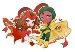  1boy 1girl al_(ahr) animification bare_shoulders blue_eyes bodysuit boots brown_hair cape chibi chibi_only closed_mouth colored_skin forehead_jewel from_side full_body gem gloves green_bodysuit green_eyes green_gemstone heart heart_background hetero holding_hands leotard long_hair looking_at_viewer marvel mask mask_on_head open_mouth red_boots red_cape red_gloves red_leotard red_mask red_skin scarlet_witch smile standing standing_on_one_leg vision_(marvel) wanda_maximoff wandavision wavy_hair white_background yellow_boots yellow_cloak yellow_gloves 