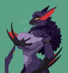 2023 5_fingers accessory aliasing anthro anthrofied areola arm_belt beak bell belt belt_buckle big_breasts binary_drawing bodily_fluids breasts buckle capcom cel_shading claws covering covering_breasts digital_drawing_(artwork) digital_media_(artwork) dorans_flea english_description eyebrows eyelashes facial_tuft female female_anthro finger_claws fingers flying_wyvern fur fur_tuft furgonomics green_background grey_beak hand_bra head_tuft looking_at_viewer mane membrane_(anatomy) membranous_wings monster_hunter mouth_closed nargacuga nude nude_anthro nude_female portrait pupils purple_body purple_ears purple_fur purple_scales red_inner_ear red_pupils red_wings scales scuted_arms scutes shaded side_view simple_background small_waist solo standing sweat sweatdrop tail tail_accessory tail_bell three-quarter_portrait tuft white_sclera winged_arms wings yellow_eyes