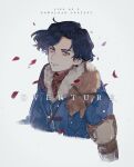  1boy black_hair blue_coat closed_mouth coat commentary_request copyright_name falling_petals freckles grey_eyes hardy_a9 highres lies_of_p lies_of_p:_overture looking_at_viewer male_focus petals pinocchio_(lies_of_p) red_petals short_hair simple_background solo upper_body white_background 