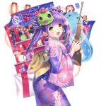  1girl amputee arne_q_klose blunt_bangs character_mask double_bun festival gun hair_bun holding_toy_gun japanese_clothes kimono lantern long_hair mask obi open_mouth paper_lantern pink_kimono print_kimono purple_hair quadruple_amputee rifle sash shooting_gallery slime_(creature) uchi_no_hime-sama_ga_ichiban_kawaii weapon yellow_eyes yellow_sash yukata 