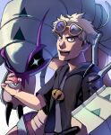  +_+ 1boy :d asymmetrical_eyewear eyewear_on_head golisopod guzma_(pokemon) highres holding holding_poke_ball jacket male_focus poke_ball pokemon pokemon_(creature) pokemon_sm smile standing sunglasses white_hair yu_(mekeneko1998) 