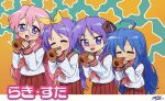  2025 4girls :3 absurdres ben-day_dots black_bow blue_hair blush bow chocolate_cornet closed_eyes copyright_name dated food friends glasses green_background highres hiiragi_kagami hiiragi_tsukasa izumi_konata long_hair lucky_star mole mole_under_eye multiple_girls open_mouth pink_hair purple_eyes purple_hair round_eyewear ryouou_school_uniform school_uniform screentones short_hair siblings sisters star_(symbol) star_symbol_background takara_miyuki twins twintails user_rfwa5323 