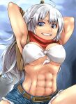  1girl abs armpits arms_behind_head axe backpack bag bandana belt blacksmith_(ragnarok_online) blue_background blue_eyes blue_shorts breasts brown_bag brown_belt commentary_request covered_nipples cowboy_shot crop_top denim denim_shorts dokuo grin highres holding holding_axe large_breasts long_hair looking_at_viewer midriff muscular muscular_female navel ragnarok_online red_bandana shirt short_shorts shorts sleeveless sleeveless_shirt smile solo tied_shirt v-shaped_eyebrows white_shirt 