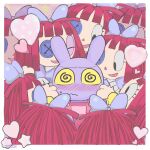 animate_inanimate anthro blue_clothing blue_dress blush blush_lines bodily_fluids button_(fastener) clothing dress eyebrows eyelashes glitch_productions hair heart_symbol hi_res jax_(tadc) lagomorph leporid living_plushie living_toy long_ears mammal open_mouth open_smile overalls pankk0 pink_clothing pink_overalls plushie purple_body purple_ears rabbit ragatha_(tadc) red_hair redraw sega smile sonic_the_hedgehog_(series) spiral spiral_eyes surrounded sweat sweatdrop the_amazing_digital_circus yellow_sclera