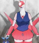  ambiguous_gender anthro anthrofied blush breasts canine clothed clothing duo female female_focus larger_female latias legendary_pok&eacute;mon looking_at_viewer lucario mammal nintendo open_mouth pok&eacute;mon pok&eacute;mon_(species) size_difference skirt slit_pupils smaller_ambiguous smile solo_focus sweater_vest video_games wide_hips yellow_eyes ソリュウ 