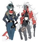  2girls ahoge belt billy_kid black_shirt black_shorts breasts candy closed_mouth clothed_robot commentary_request crop_top cyborg dual_wielding eyewear_on_head food genderswap genderswap_(mtf) green_hair green_pants gun hair_over_one_eye hally hand_on_own_hip holding holding_candy holding_food holding_gun holding_lollipop holding_weapon humanoid_robot jacket leather leather_jacket light_smile lighter_(zenless_zone_zero) lollipop long_hair looking_at_viewer mechanical_arms mechanical_legs metal_skin multiple_girls no_mouth pants pouch red_jacket red_scarf robot robot_girl scarf sheriff_badge shirt shorts shoulder_spikes spiked_belt spiked_jacket spikes studded_belt studded_gloves sunglasses thigh_pouch torn_clothes torn_scarf unzipped weapon white_background white_hair yellow_eyes zenless_zone_zero 