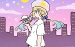  1girl absurdres beret blonde_hair blue_eyes blue_hair bubble colored_tips commentary_request copyright_name copyright_notice gradient_hair hand_up hat highres jelee-chan jellyfish long_hair multicolored_hair no_humans official_art shirt short_sleeves sketch solo star_(symbol) umituki_yoru white_hat white_shirt yoru_no_kurage_wa_oyogenai 
