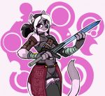  anthro black_hair claws clothed clothing felid feline female fluffy fluffy_tail fur hair hijackerdraws_(artist) holding_object holding_weapon mammal melee_weapon multicolored_body multicolored_fur multicolored_hair pink_body pink_fur smile solo sword two_tone_body two_tone_fur two_tone_hair weapon white_body white_fur white_hair 
