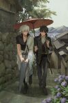  2boys absurdres ascot black_footwear black_hair black_jacket black_pants cityscape cloud cloudy_sky flower full_body gintama hair_between_eyes highres hijikata_toushirou hill house jacket long_sleeves male_focus multiple_boys oil-paper_umbrella outdoors pants purple_flower rain robe sakata_gintoki shoes short_hair sky stairs stone_stairs tree umbrella walking white_ascot white_hair white_robe xi_hsi 