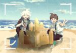  2boys :d ahoge beach brown_hair brown_pants bucket closed_eyes danganronpa_(series) danganronpa_2:_goodbye_despair green_jacket green_necktie highres hinata_hajime hood hood_down hooded_jacket jacket komaeda_nagito male_focus multiple_boys necktie ocean open_clothes open_jacket open_mouth outdoors pants print_necktie sand sand_castle sand_sculpture smile tana_(sub2tana) white_hair 