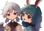  2girls alternate_hairstyle animal_ears blue_hair bow bowtie braid closed_mouth grey_hair hairstyle_switch kishin_sagume looking_at_viewer low_twintails medium_hair multiple_girls open_mouth rabbit_ears red_eyes seiran_(touhou) short_twintails signature simple_background single_wing touhou twintails upper_body warabe_(be-san) white_background wings 