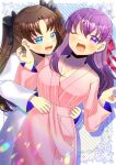  2girls :d ;d black_bow blue_eyes blush bow breasts brown_hair collarbone commentary_request commission fate/stay_night fate_(series) hair_between_eyes hair_bow hands_up japanese_clothes kimono kou_hiyoyo large_breasts long_hair long_sleeves matou_sakura multiple_girls one_eye_closed parted_bangs pink_kimono purple_eyes purple_hair red_bow skeb_commission smile striped_background tohsaka_rin two_side_up very_long_hair white_kimono 