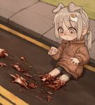  1girl absurdres accident animal_ears bike_shorts blood dog_ears dog_girl egg_hair_ornament exposed_bone exposed_muscle food-themed_hair_ornament funny_(syrupmelty) grey_eyes grey_hair guro hair_ornament highres hood hoodie looking_down original parted_lips road self-harm_scar severed_leg severed_limb sitting solo sweat syrupmelty tearing_up 